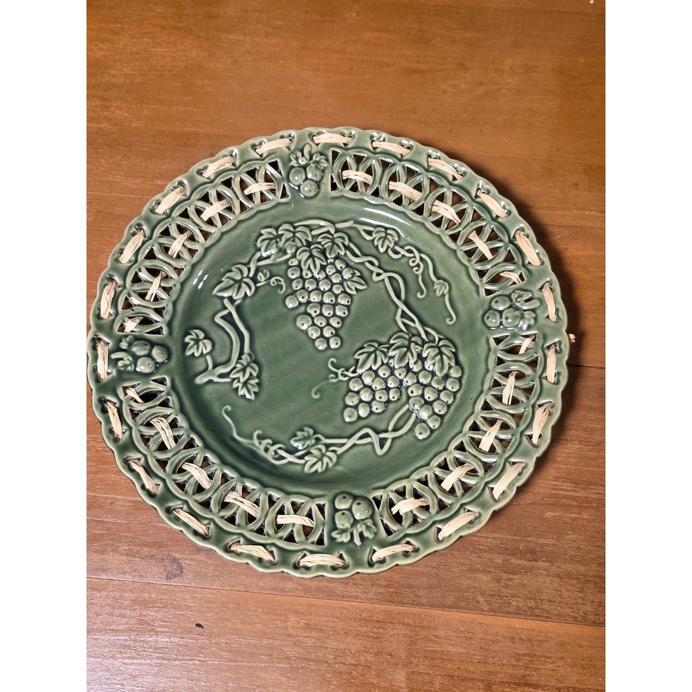 Potterie Hosley Green Glazed Ceramic Grape Plate with Woven Straw Rim 10 inch
